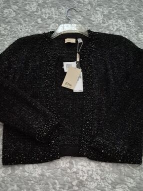 Elie Tahari Black Beaded Open-Front Women's Cardigan